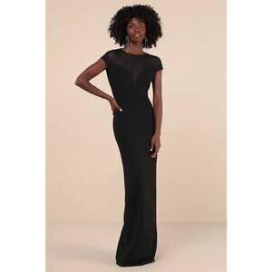 Lulus Truly Mysterious Black Sheer Mesh Cap Sleeve Maxi Dress Wedding Size M